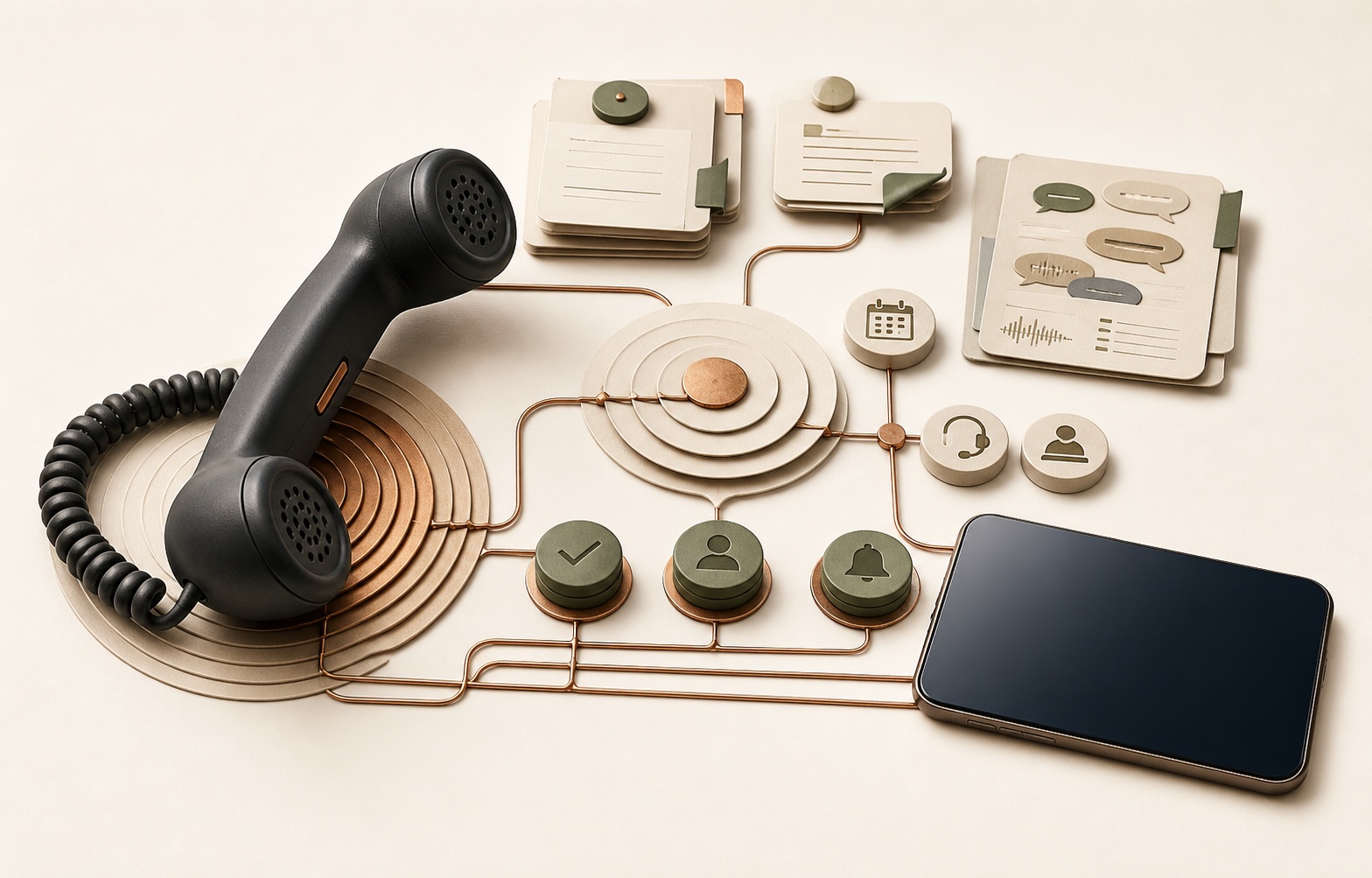 A crafted telephone and conversation workflow connected by copper lines